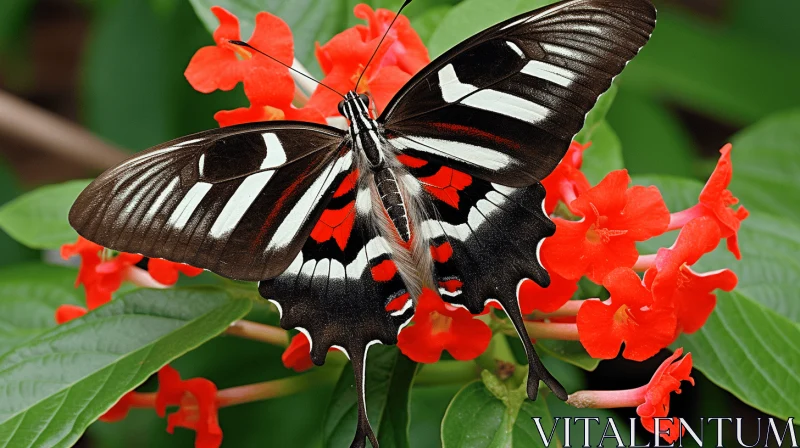 Tropical Butterfly in Tranquil Garden: Silver and Red Accents AI Image