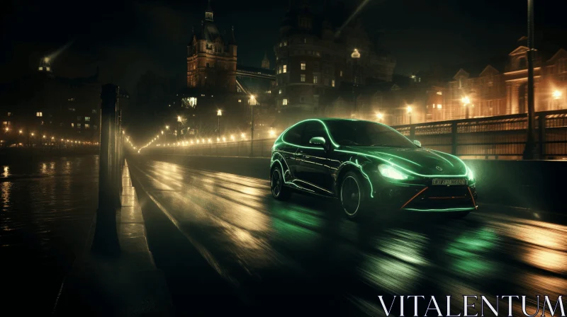 Green Car Driving on Road at Night in City - Artistic Matte Painting AI Image