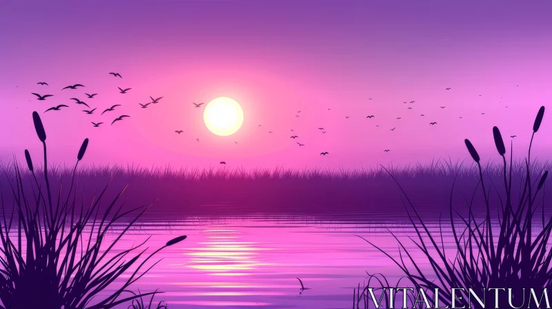 Tranquil Sunset Over Lake with Bird Silhouette AI Image