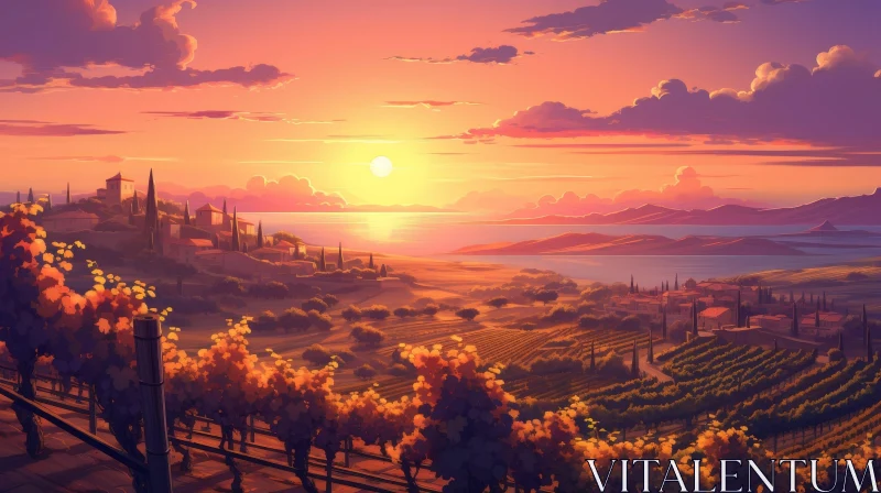 Tranquil Vineyard Sunset Landscape AI Image