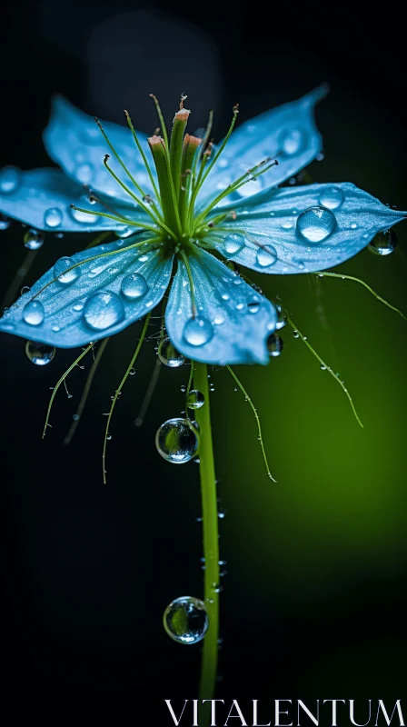 Blue Flower with Water Droplets: A Serene Display of Nature AI Image