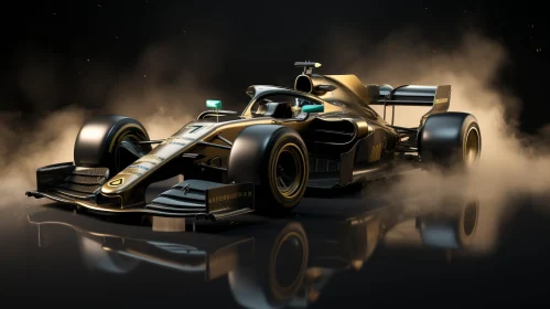 Formula 1 Racing Car in Black and Gold with Smoke