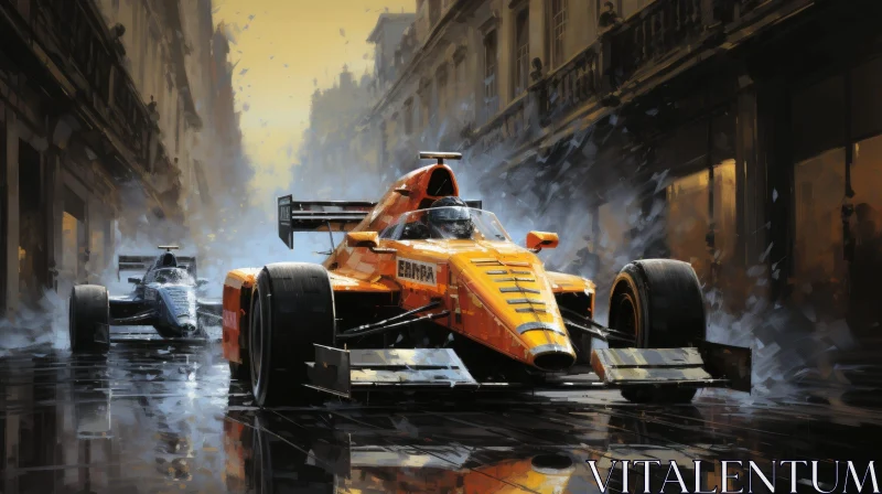 Orange and Black Formula 1 Race Car on Wet Track AI Image