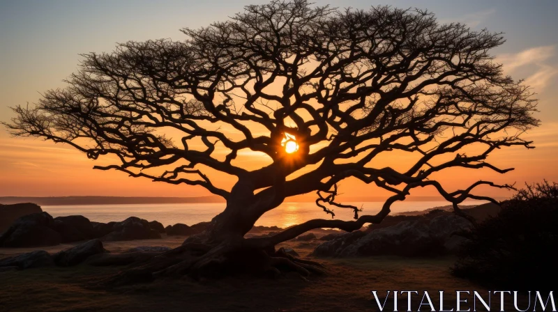 Tranquil Sunset Tree in Nature AI Image