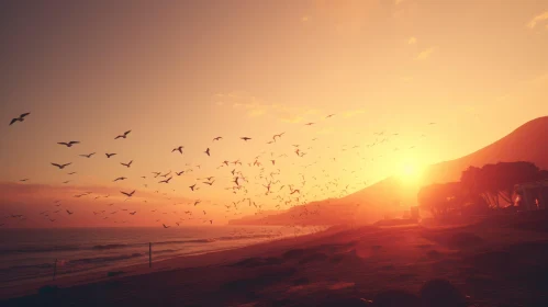 Birds Flying over Ocean at Sunset