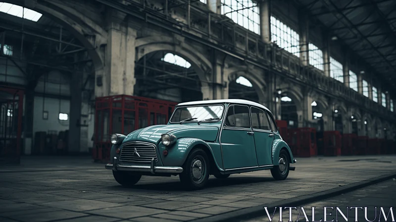 AI ART Blue Car Parked in Industrial Tunnel - Vintage Cinematic Look