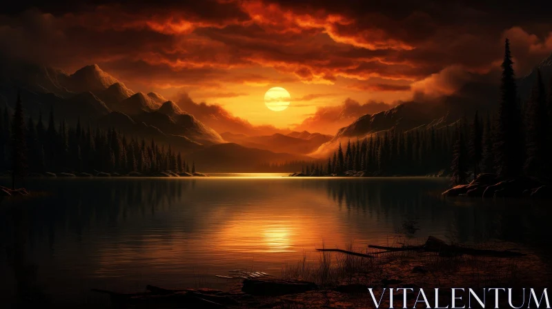 Tranquil Sunset Landscape with Lake and Mountains AI Image
