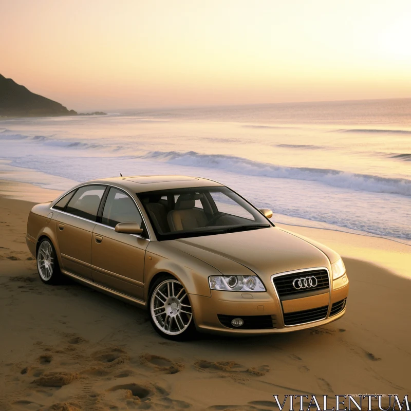 Golden Audi on Sandy Beach: Coastal Scenery and Elegant Style AI Image