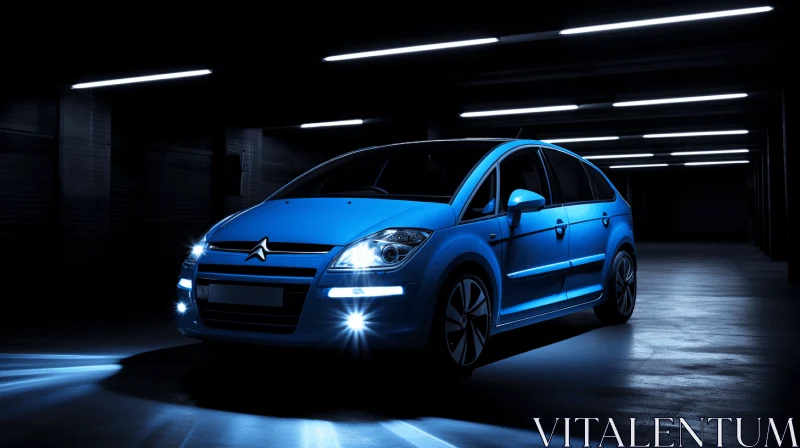 Blue Car in Parking Garage at Night | Minimal Retouching AI Image