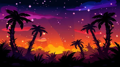 Serene Night Landscape with Palm Trees and Stars