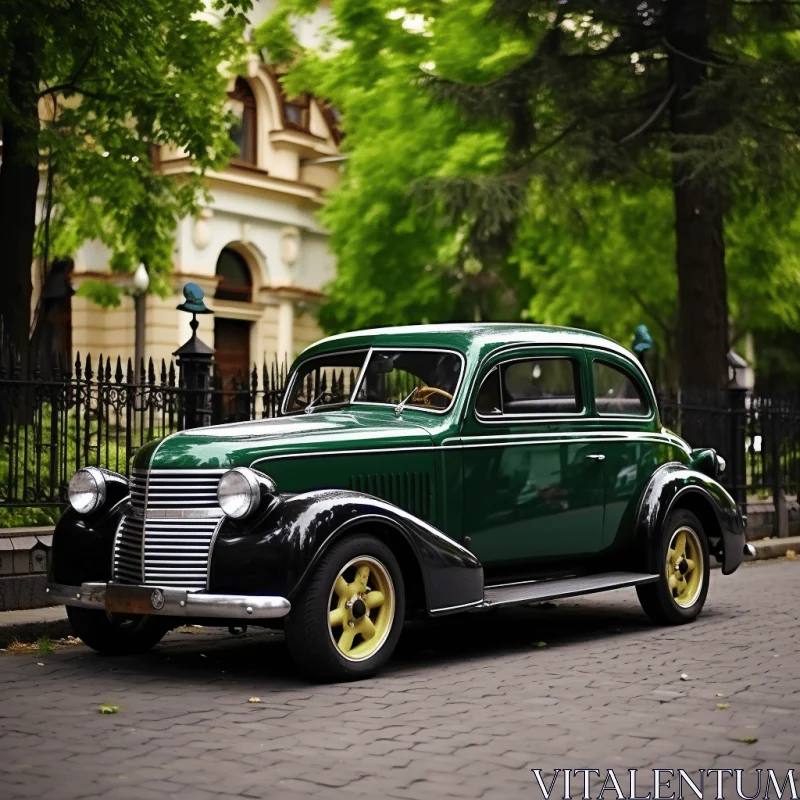 Antique Green Car in the City with Tall Buildings and Trees - Golden Age Aesthetics AI Image