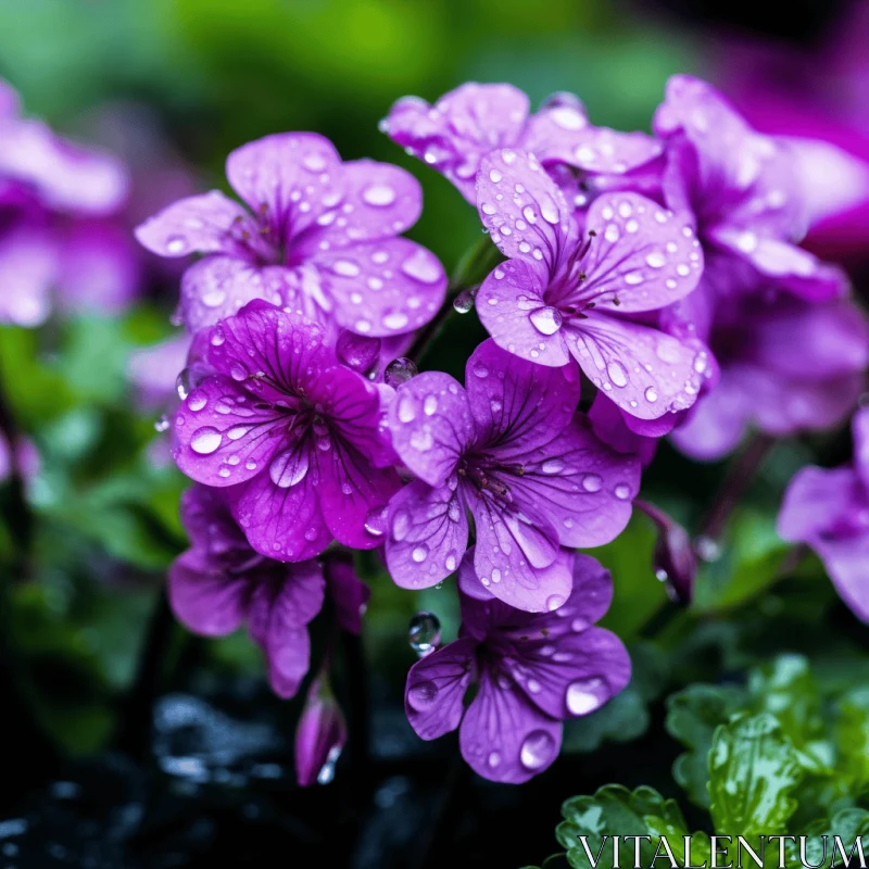 Purple Geraniums in Rain - A Vivid Palette in the Garden AI Image