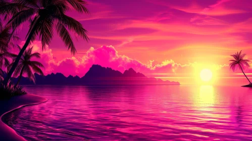Tranquil Sunset Over Ocean with Palm Trees