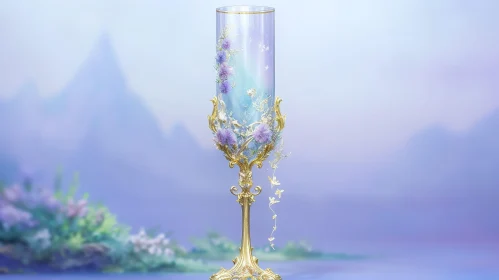 Golden Goblet with Flowers and Butterflies - 3D Rendering