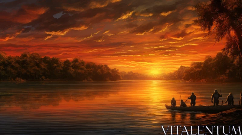 AI ART Tranquil River Sunset Scene with Boat and People