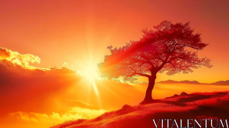 Tranquil Sunset Landscape with Tree in Full Bloom AI Image