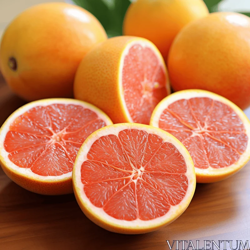 Vibrant Cut Red Grapefruits on Wooden Board - Artistic Food Photography AI Image