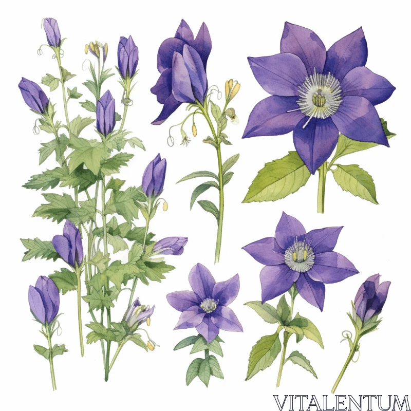 Victorian-Inspired Watercolor Blue Clematis Flowers Set AI Image