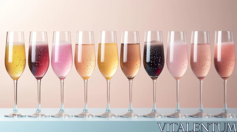 Colorful Champagne Glasses Arrangement on Blue Surface AI Image