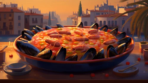 Delicious Paella with Seafood and City View