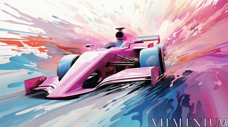 Formula 1 Pink and White Race Car Speeding Digital Painting AI Image