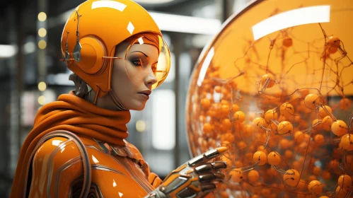 Futuristic Female Character in Orange Spacesuit and Sphere