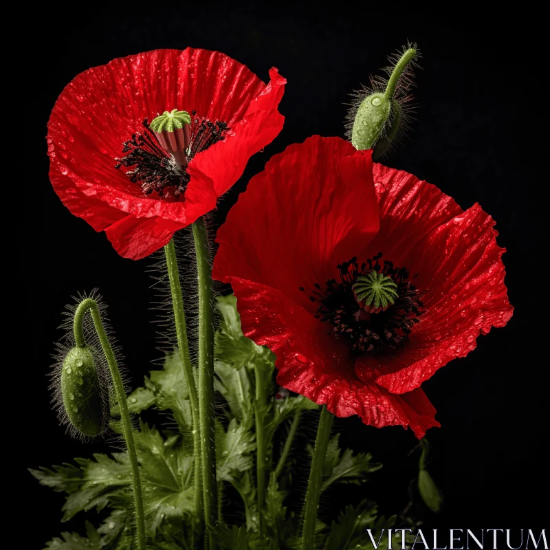 Gothic Romance: A Study of Red Poppies Amidst White Blooms AI Image