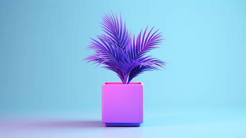 Serene Pink Pot with Purple Palm Leaves on Blue Background