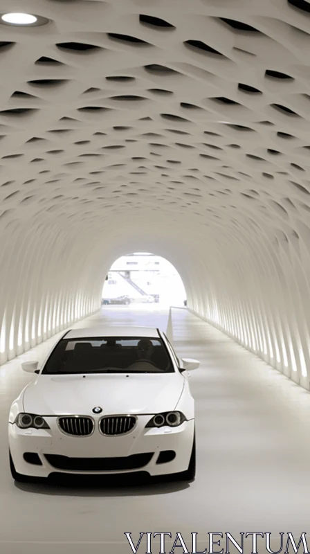 White Car Parked Beneath a Sculptural White Tunnel | Contemporary Metallurgy AI Image