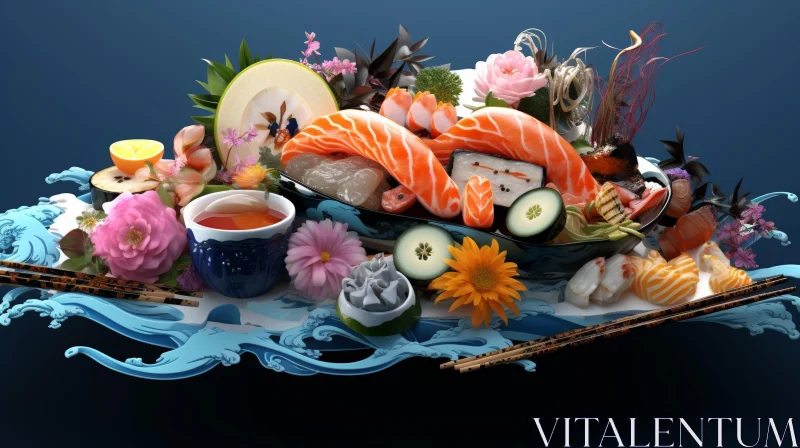 Delicious Sushi Platter on Blue Background AI Image