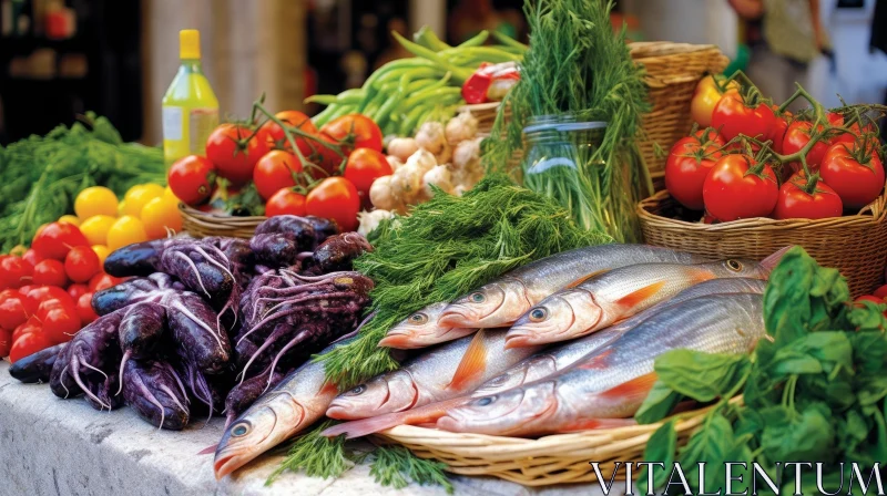 Fresh Seafood and Vegetables Display on Table AI Image