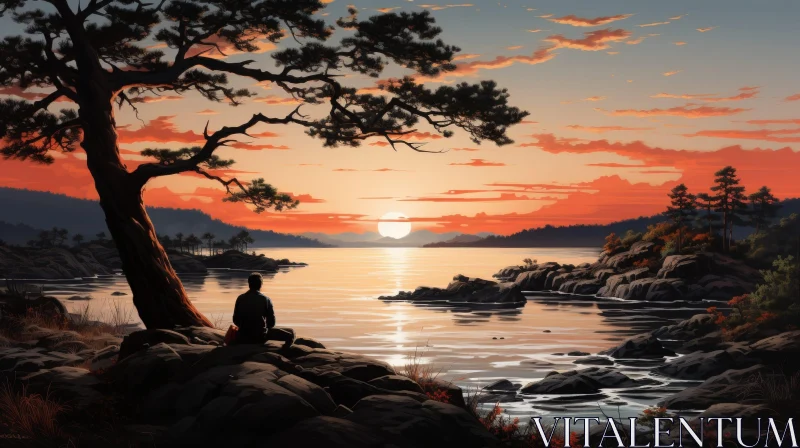 Tranquil Lake Sunset Scene AI Image