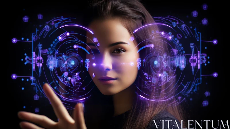 Young Woman Portrait with Holographic Display AI Image