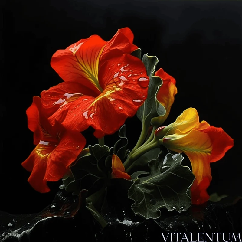 Elegance of Red Flowers Against Black: A Rococo-Inspired Still Life AI Image
