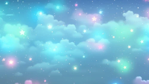 Enchanting Cartoon Night Sky with Glowing Stars and Clouds