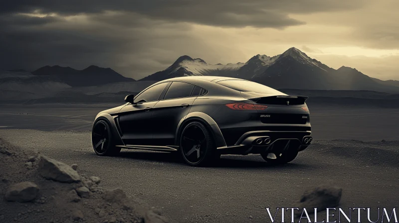 Sleek Black Sports Car with Mountains | Futuristic Chromatic Waves AI Image