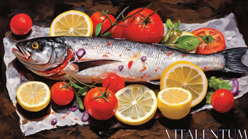 Fish with Lemons and Tomatoes on Table AI Image