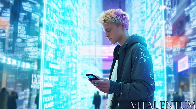 Intriguing Young Man in Futuristic City Street AI Image