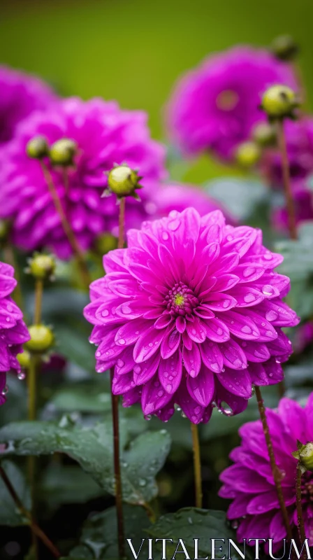 Magenta Dahlias with Water Drops in Pictorial Style AI Image
