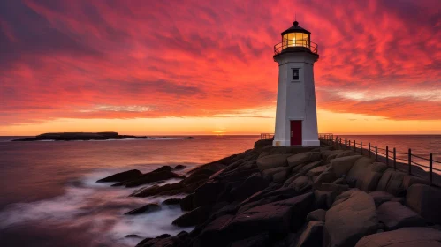 Majestic Lighthouse on Rocky Coast at Sunset