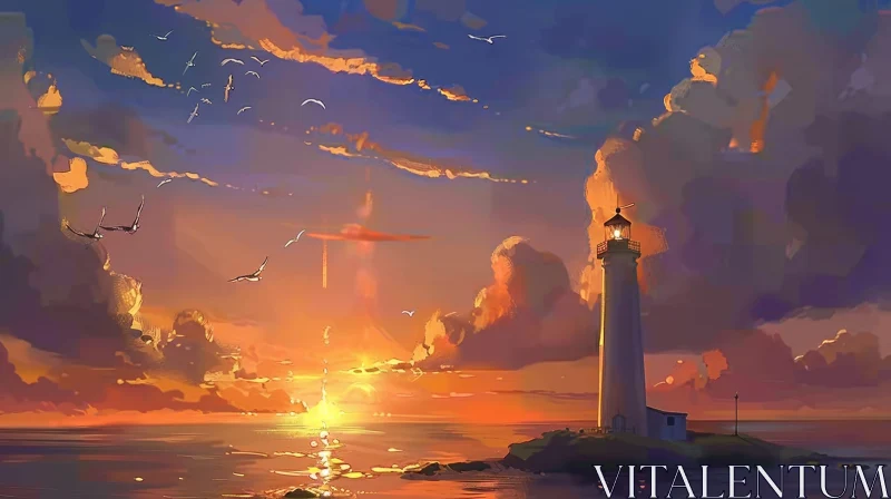 AI ART Lighthouse Sunset Painting - Serene Ocean Scene
