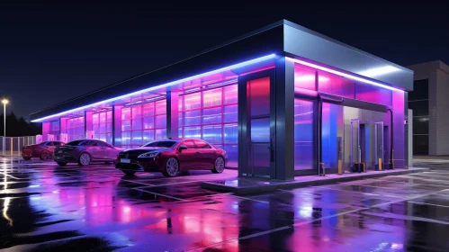 Modern Gas Station with Colorful Lights and Parked Cars