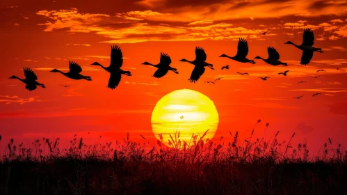 Tranquil Sunset Landscape with Birds Flying Over Field