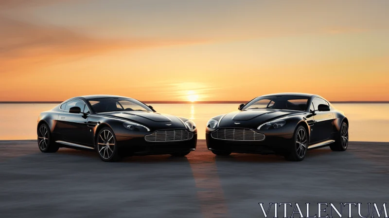 Black Sports Cars at Sunset: Timeless Elegance and Spectacular Backdrops AI Image