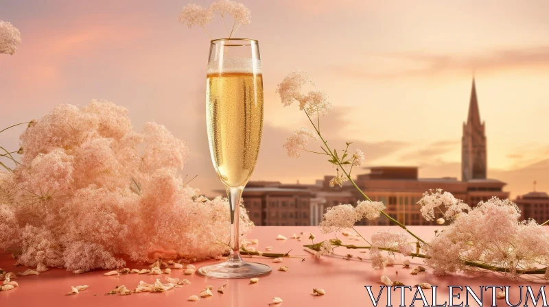AI ART Elegant Still Life: Champagne Glass and White Flowers at Sunset