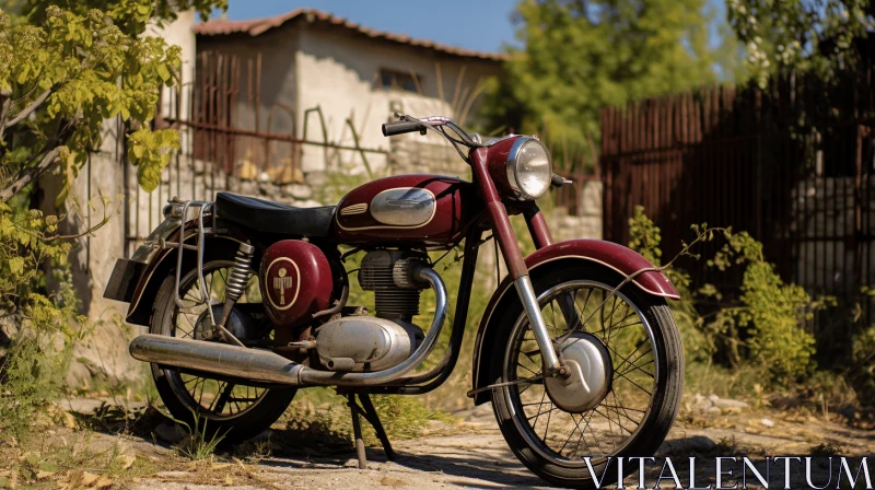 Old Red Motorcycle Parked in Front of a House - Metalworking Mastery AI Image