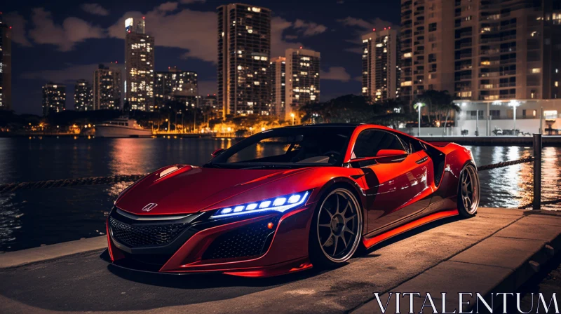 Captivating Red Sports Car in Night Cityscape | Artistic Precisionist Design AI Image