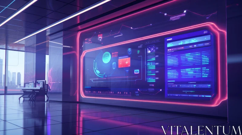 AI ART Futuristic Control Room with Data Screens and Neon Lights
