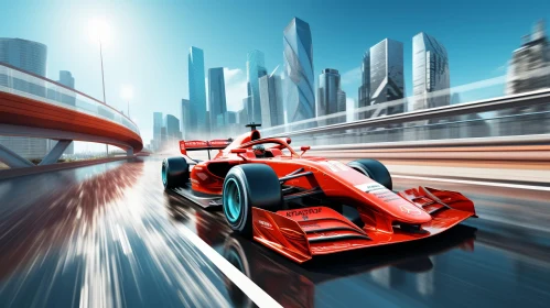 Red Formula 1 Race Car Speeding Through City Streets