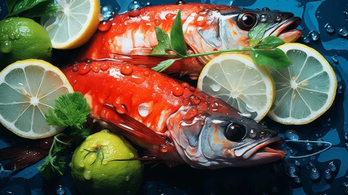 Glistening Red Fish with Lemon and Lime on Blue Table